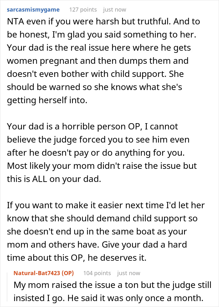 A Reddit thread where users discuss the pregnant GF issue, with comments offering advice on child support and complex family dynamics.