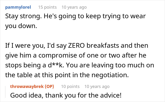 A Reddit thread with advice for a wife dealing with her husband blowing up about cooking breakfast for colleagues.