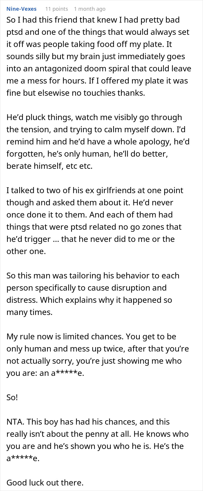 Screenshot of a Reddit post discussing relationship issues related to ending a toxic relationship over one cent.