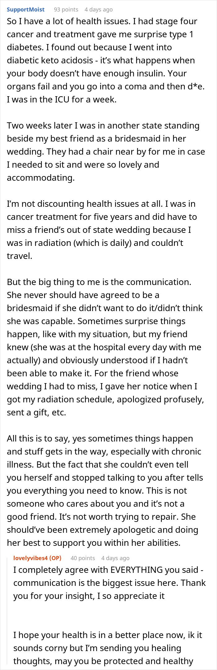 A Reddit post discussing a best friend skipping a wedding, which broke the bride's heart, due to illness.