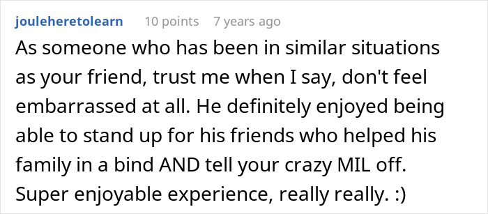 Comment describing a personal experience standing up to a homophobic MIL amid tensions involving police officers and family conflict.