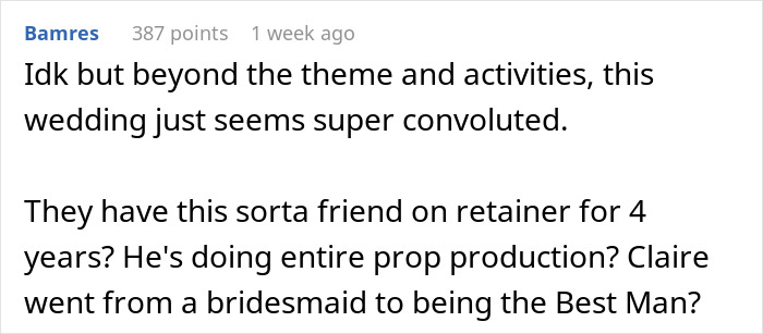 Comment discussing a complicated wedding situation involving a friend on retainer and changing wedding roles. Comment discussing a complicated wedding situation involving a friend on retainer and changing wedding roles.