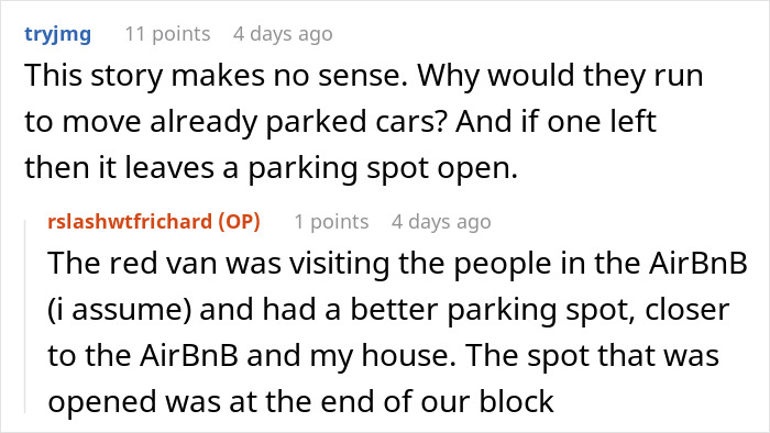 Text conversation discussing entitled guests taking a woman's parking spot and her response trapping their car.