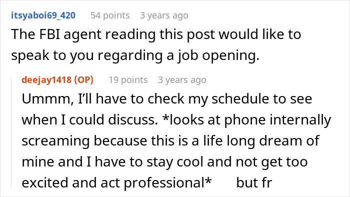 Reddit user joking about FBI agent reading post, reflecting on life dream while staying calm and professional.