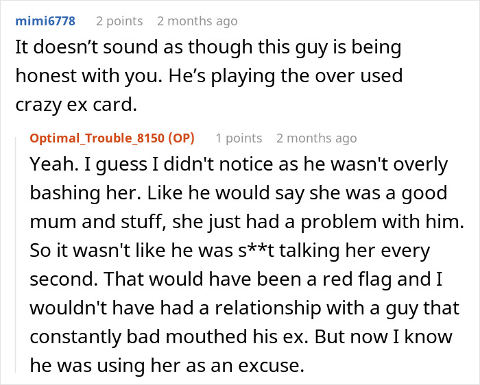 Online discussion about a woman confused by boyfriend’s difficult ex and realizing she is not the problem in their relationship. Online discussion about a woman confused by boyfriend’s difficult ex and realizing she is not the problem in their relationship.
