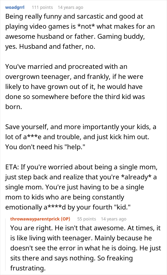 Screenshot of an online discussion about a husband who is awesome to his wife but a jerk to their kids. Screenshot of an online discussion about a husband who is awesome to his wife but a jerk to their kids.