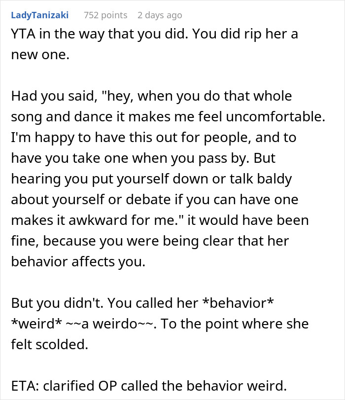 Commenter explains why addressing coworker&rsquo;s candy routine felt awkward and affected office interactions.