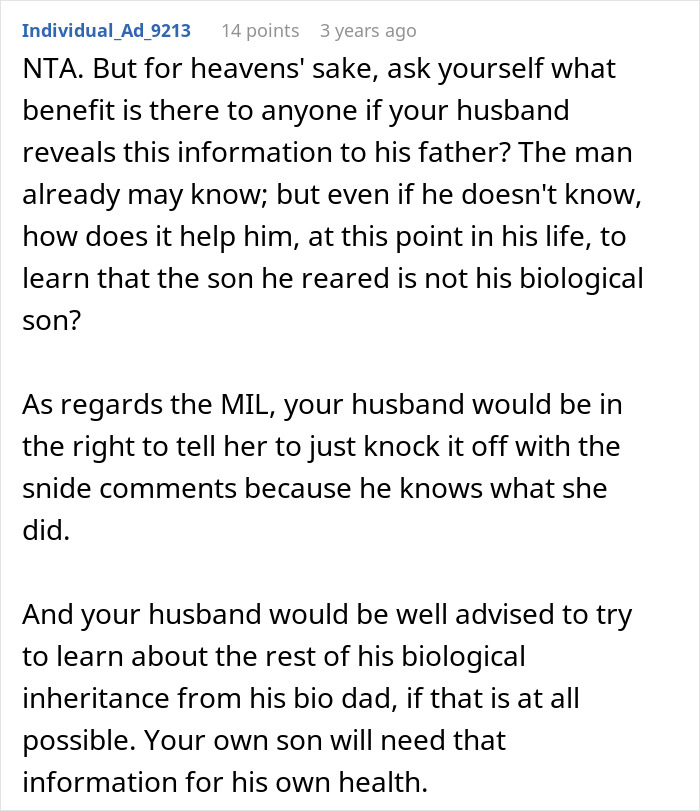 Reddit post discussing a DNA test revealing a MILs dark secret and potential infidelity.