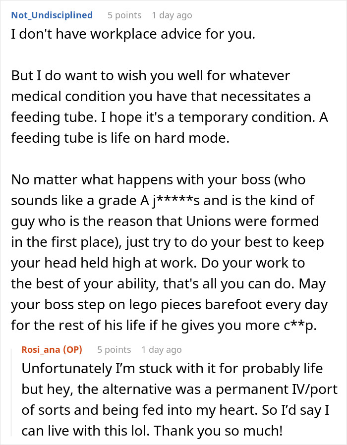 A Reddit discussion on a feeding tube in the office. A user shares their experience and support for a woman relying on a feeding tube.