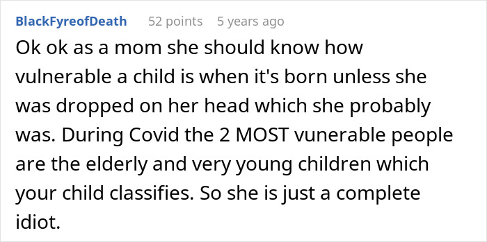 Comment criticizing mom&rsquo;s creepy behavior and questioning her awareness of a baby&rsquo;s vulnerability during Covid pandemic.