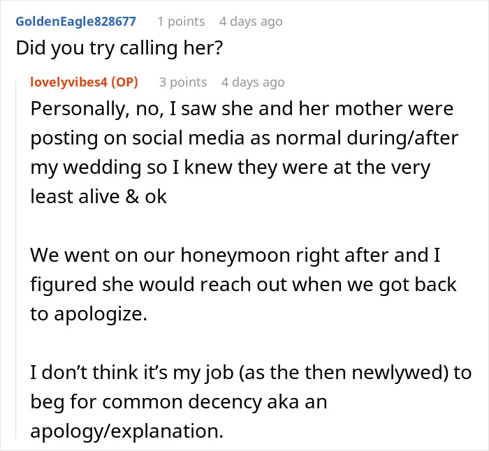 A screenshot of a Reddit comment where a bride shares her heartbreak after her best friend skips her wedding.