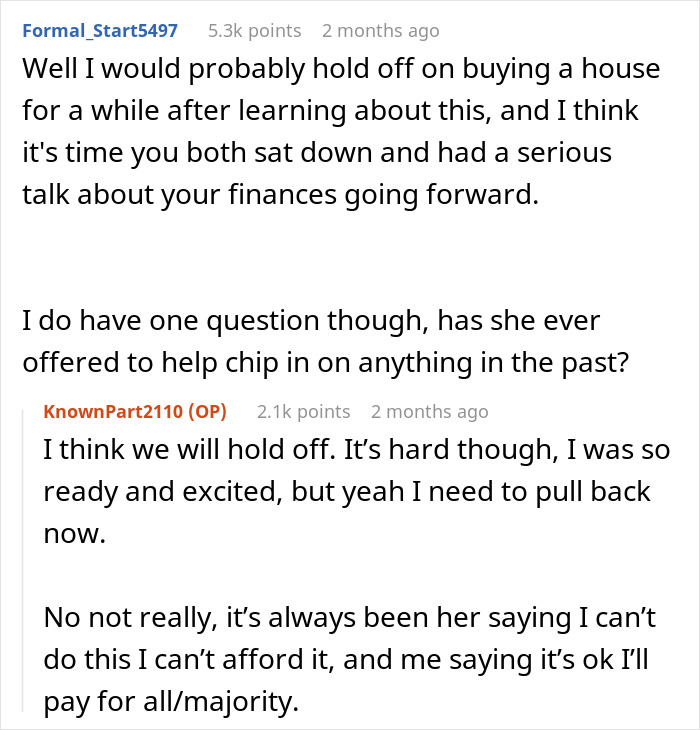 Screenshot of a Reddit conversation discussing a man upset his girlfriend pretended to be broke despite having savings.