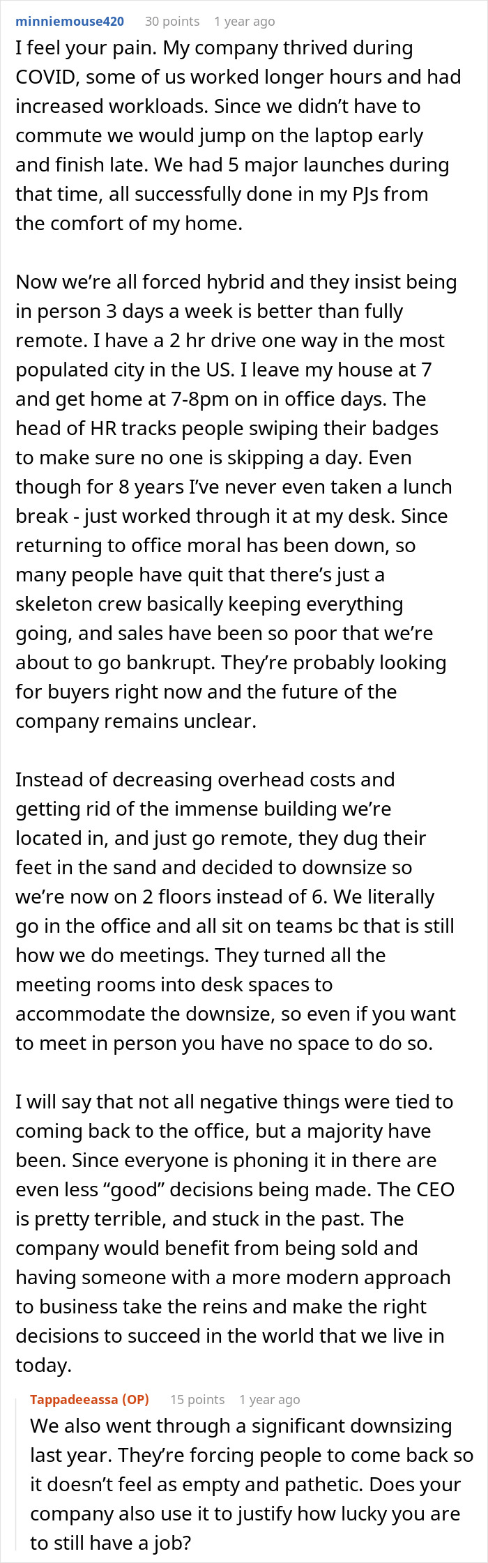 User comment discussing long commute challenges and morale drop after work from home cancellation and hybrid return to office policies. User comment discussing long commute challenges and morale drop after work from home cancellation and hybrid return to office policies.