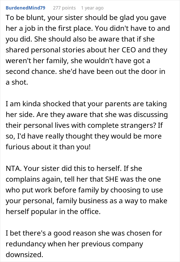 Text from a social media comment about a CEO hiring her sister after downsizing and the real reason behind her job loss.
