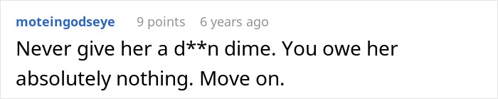 Screenshot of a forum comment advising not to give anything to an army wife who cheats on her deployed husband.