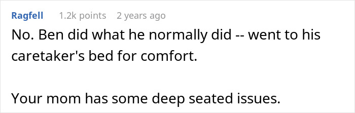 Reddit comment about a brother sleeping in his sister's bed, with the mom's reaction discussed. User Ragfell, 1.2k points.