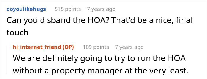 Screenshot of online forum discussing HOA disputes, with users debating disbanding and running the HOA board.
