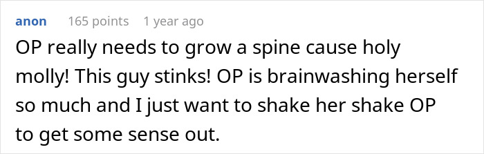 A comment expressing frustration about a married man's actions, emphasizing the need for the OP to "grow a spine."