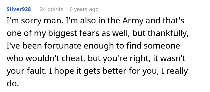 Comment from an army member discussing fears of cheating and support for an army wife dealing with betrayal and karma.