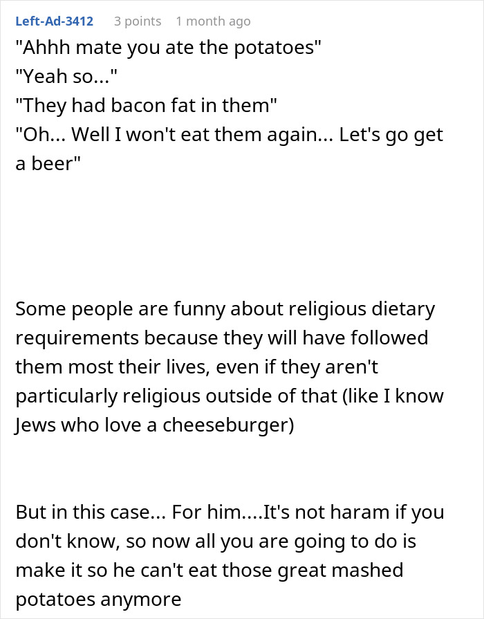 A text post on Reddit about a Muslim roommate eating food with bacon fat, unknowingly, leading to an awkward realization.