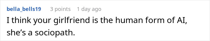 Screenshot of a Reddit comment discussing a girlfriend monitoring every word, highlighting feelings of a science experiment at home.
