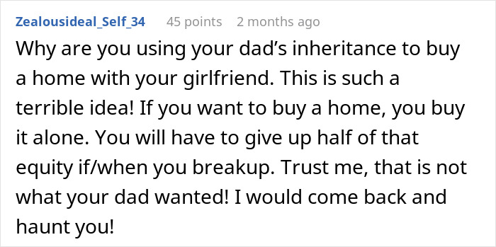 Screenshot of a Reddit comment warning about risks when buying a home with a girlfriend using an inheritance.