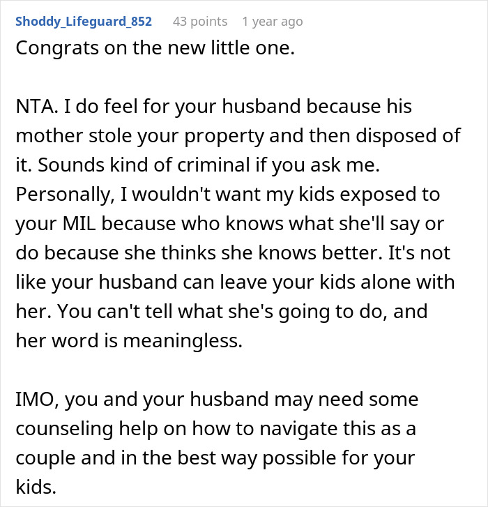 A Reddit comment on a post about a woman returning to a different house due to MIL actions, advising counseling.