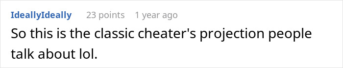Text comment saying classic cheater&rsquo;s projection in black font on a white background, discussing harsh lesson from chasing fantasy.