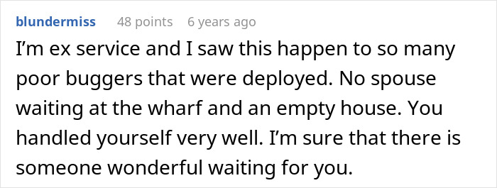 Comment from an ex-service member sharing experience about army wife cheating on her deployed husband and consequences faced.