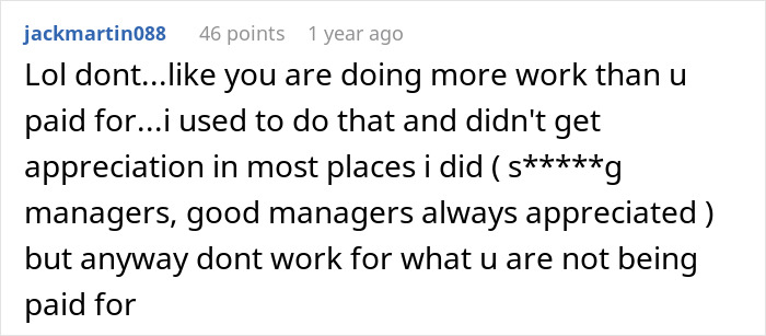 Screenshot of a social media comment discussing management reactions to workers going the extra mile without appreciation.