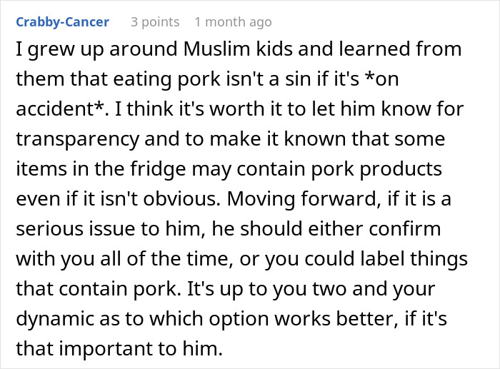 A Reddit comment discussing a person making food with bacon fat, and a Muslim roommate eating it without knowing.