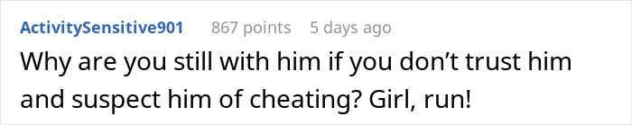 A Reddit comment questioning why someone stays with a husband suspected of a secret child or cheating.