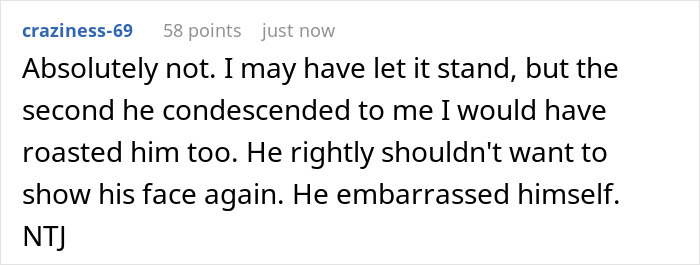 Screenshot of a social media comment reacting to a man playing expert and being called out at a dinner party.