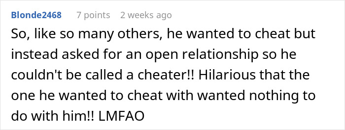 Comment text discussing open relationship and cheating in an online forum about woman rediscovering herself after husband proposes open marriage. Comment text discussing open relationship and cheating in an online forum about woman rediscovering herself after husband proposes open marriage.