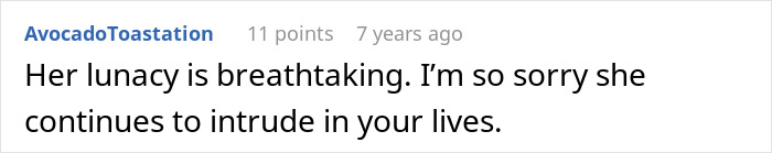 Screenshot of a forum comment expressing sympathy about ongoing intrusion by a homophobic MIL involving a fake cop incident.