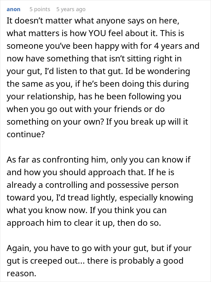 Screenshot of an online forum post sharing advice on dealing with a man's creepy confession and relationship doubts.