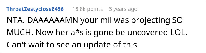 A Reddit comment expressing shock and anticipation for updates on the MIL's dark secret after a DNA test.