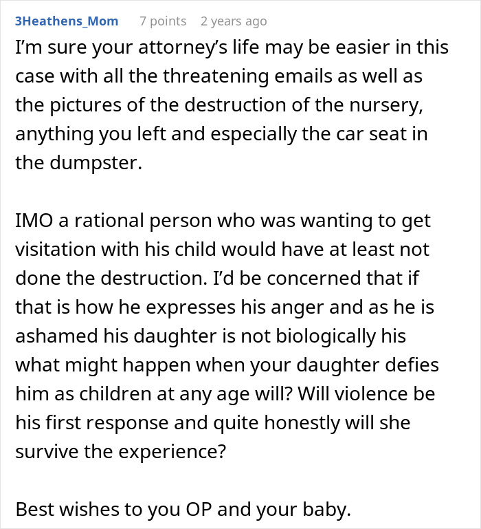 Reddit comment discussing a donor baby situation, with concern about the father's destructive anger and what it means for his daughter.