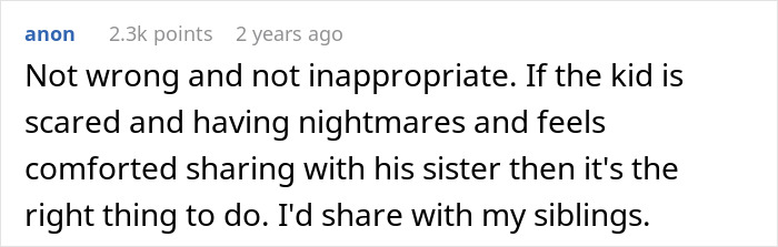 A Reddit comment supporting a sister letting her scared brother sleep in her bed, which left people speechless.