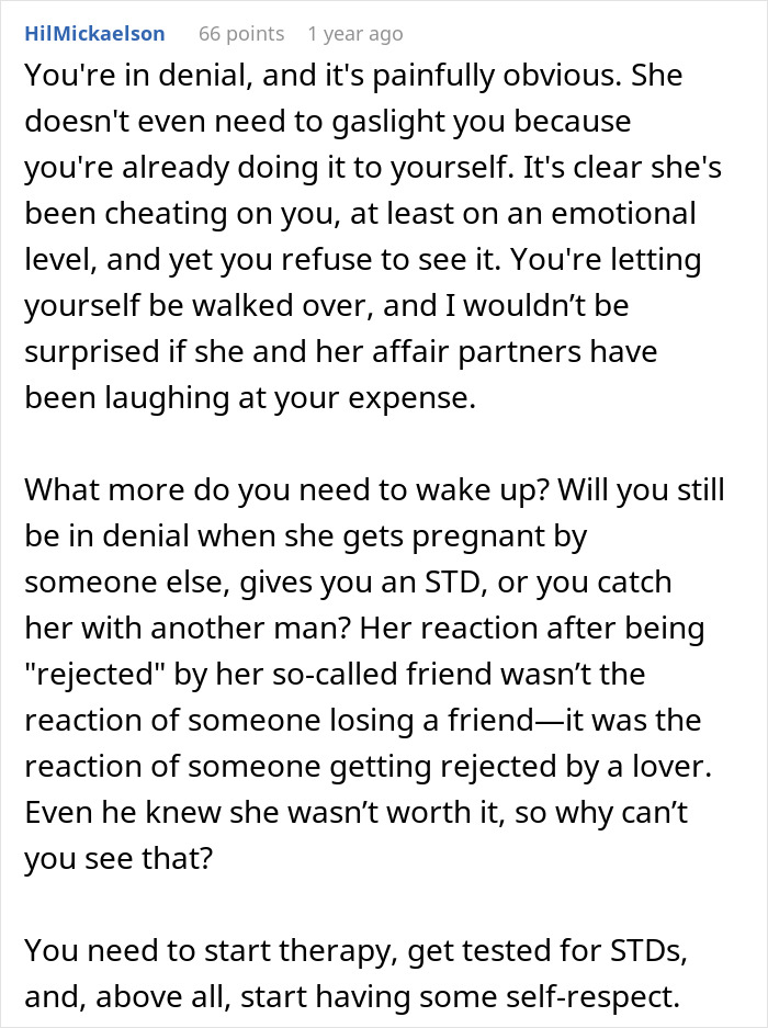 A Reddit post where HilMickaelon advises a man about his wife and her coworker, urging him to snoop on her phone.