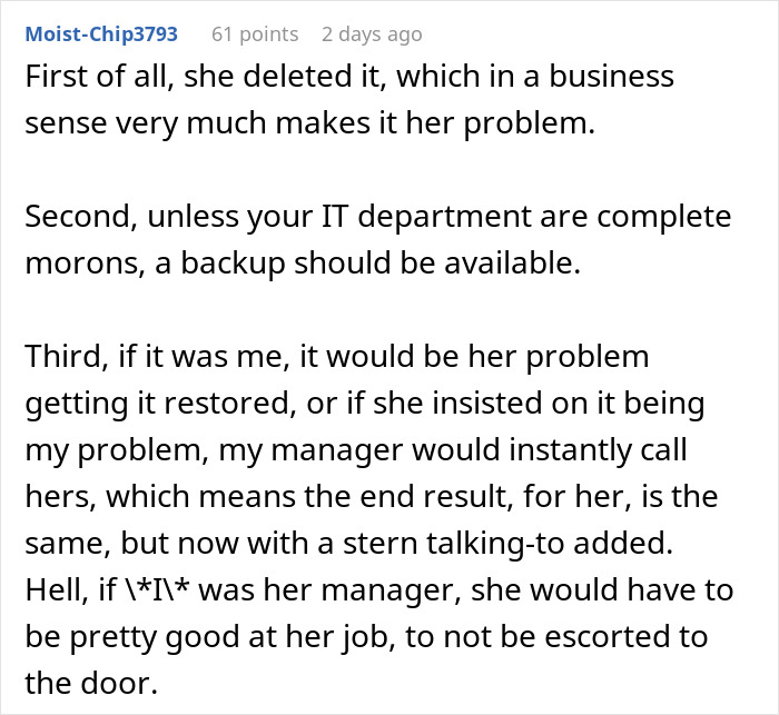 Comment discussing a woman deleting a colleague&rsquo;s project and the implications of workplace sabotage and responsibility.