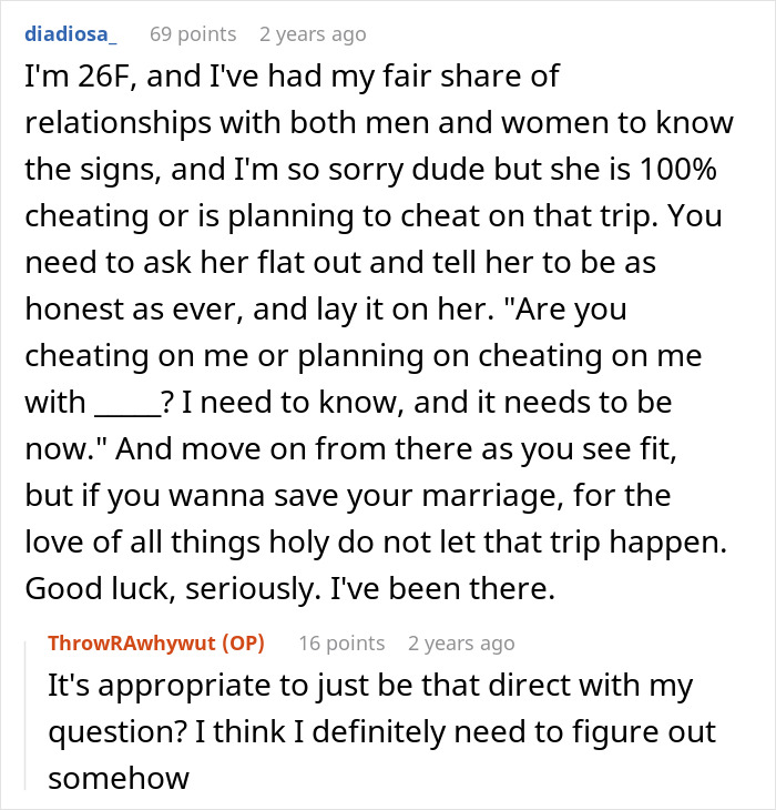 A Reddit post showing a user's advice to ignore a gut feeling and confront a wife about her male coworker.