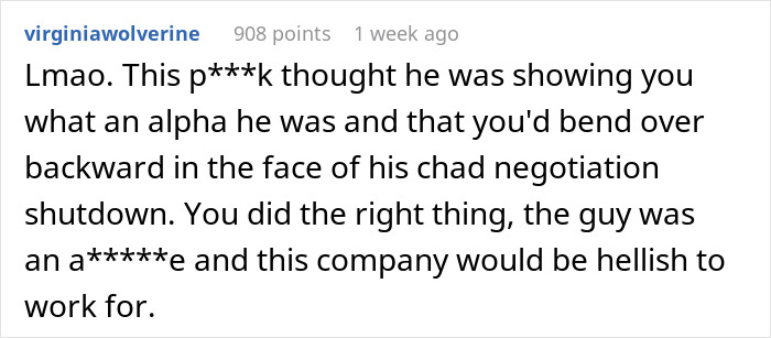 A Reddit comment agreeing that the job candidate was right to hang up mid-interview due to a bad company offer.