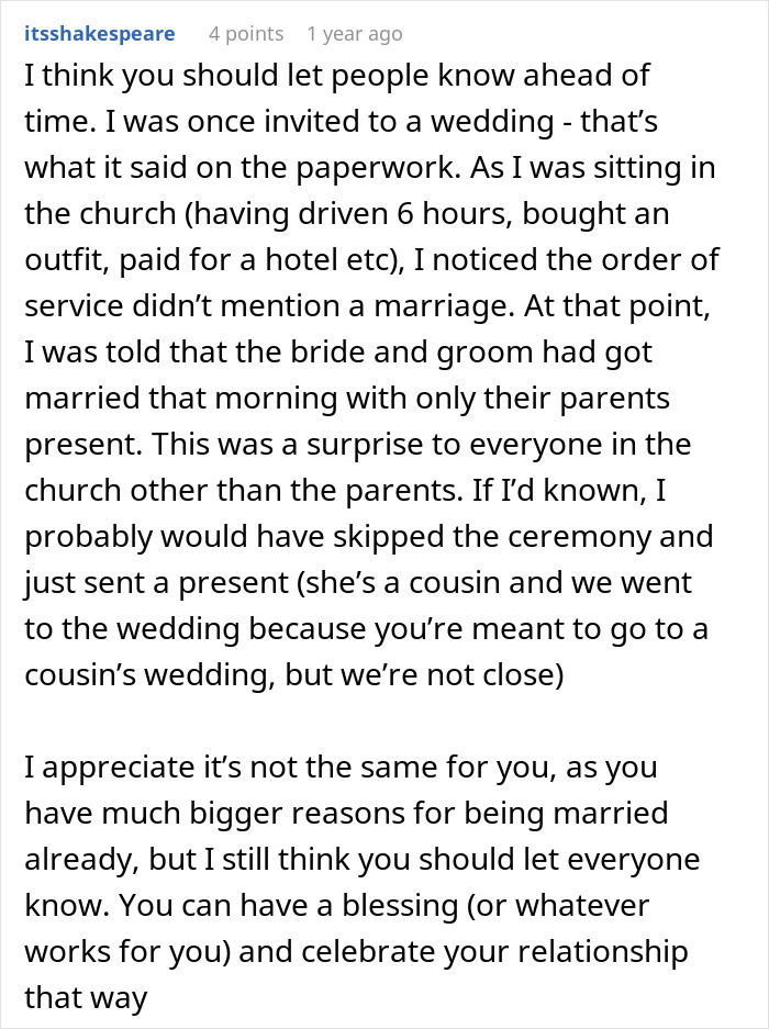 A Reddit post shares a user's wedding guest experience, highlighting how a couple legally marries can upset guests.