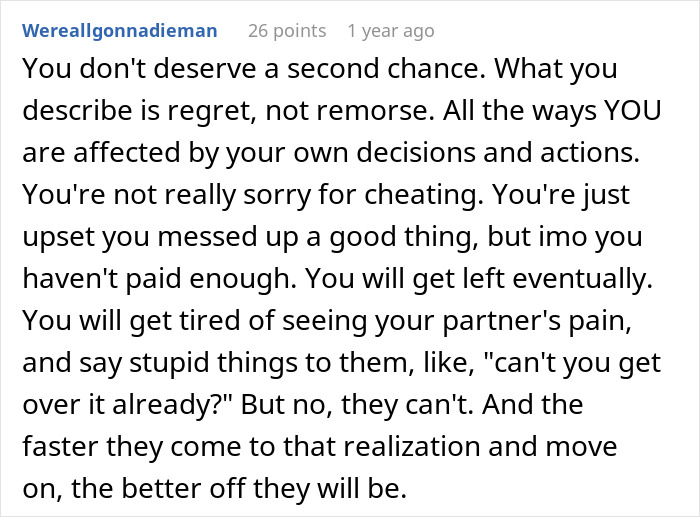Screenshot of an online comment about regret and consequences faced by a cheater learning a harsh life lesson.