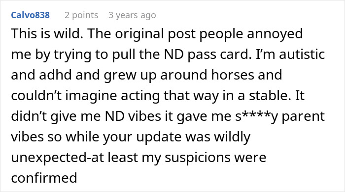A Reddit comment by Calvo838 expressing frustration about a disruptive kid and toxic mom in a stable.