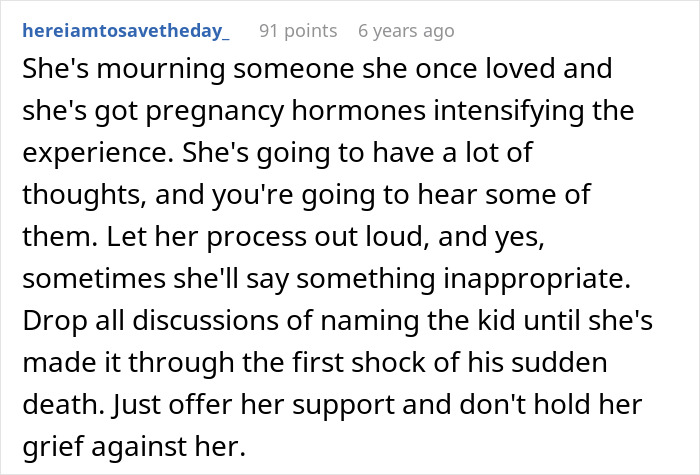 Alt text: Reddit comment discussing woman wanting unborn son named after late ex who mistreated her, with pregnancy hormones and emotional grief. Alt text: Reddit comment discussing woman wanting unborn son named after late ex who mistreated her, with pregnancy hormones and emotional grief.