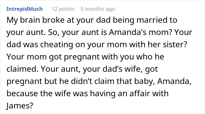 Comment discussing a confusing and wild family dynamic involving DNA tests and child support drama.