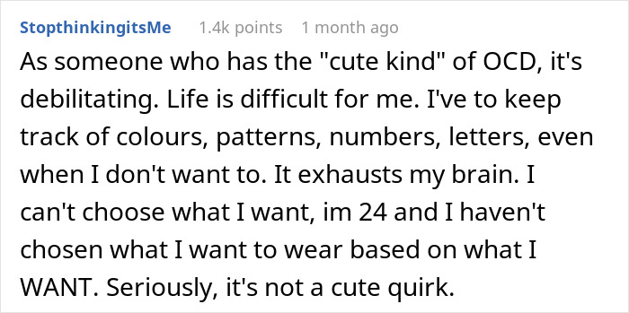 Screenshot of a user describing struggles with OCD affecting daily choices, highlighting the emotional burden and exhaustion.