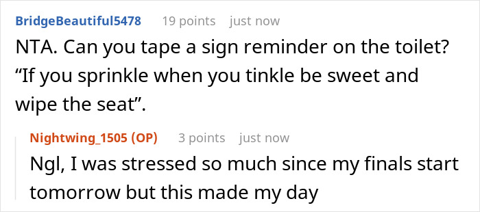 A reddit post about a gross dad and daughter's reaction, discussing toilet seat etiquette and relieving stress.